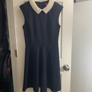 Betsey Johnson navy dress with pearl collar